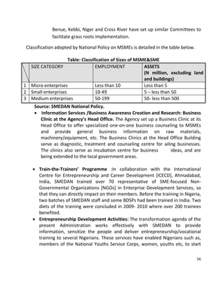 56
Benue, Kebbi, Niger and Cross River have set up similar Committees to
facilitate grass roots implementation.
Classification adopted by National Policy on MSMEs is detailed in the table below.
Table: Classification of Sizes of MSME&SME
SIZE CATEGORY EMPLOYMENT ASSETS
(N million, excluding land
and buildings)
1 Micro enterprises Less than 10 Less than 5
2 Small enterprises 10-49 5 – less than 50
3 Medium enterprises 50-199 50- less than 500
Source: SMEDAN National Policy.
 Information Services /Business Awareness Creation and Research: Business
Clinic at the Agency’s Head Office. The Agency set up a Business Clinic at its
Head Office to offer specialized one-on-one business counseling to MSMEs
and provide general business information on raw materials,
machinery/equipment, etc. The Business Clinics at the Head Office Building
serve as diagnostic, treatment and counseling centre for ailing businesses.
The clinics also serve as incubation centre for business ideas, and are
being extended to the local government areas.
 Train-the-Trainers’ Programme :In collaboration with the International
Centre for Entrepreneurship and Career Development [ICECD], Ahmadabad,
India, SMEDAN trained over 70 representative of SME-focused Non-
Governmental Organizations [NGOs] in Enterprise Development Services, so
that they can directly impact on their members. Before the training in Nigeria,
two batches of SMEDAN staff and some BDSPs had been trained in India. Two
diets of the training were concluded in 2009- 2010 where over 200 trainees
benefited.
 Entrepreneurship Development Activities: The transformation agenda of the
present Administration works effectively with SMEDAN to provide
information, sensitize the people and deliver entrepreneurship/vocational
training to several Nigerians. These services have enabled Nigerians such as,
members of the National Youths Service Corps, women, youths etc, to start
 