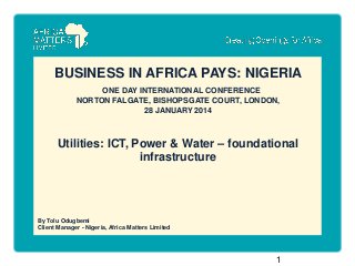 BUSINESS IN AFRICA PAYS: NIGERIA
ONE DAY INTERNATIONAL CONFERENCE
NORTON FALGATE, BISHOPSGATE COURT, LONDON,
28 JANUARY 2014

Utilities: ICT, Power & Water – foundational
infrastructure

By Tolu Odugbemi
Client Manager - Nigeria, Africa Matters Limited

1

 
