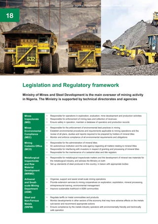 18
Legislation and Regulatory framework
Ministry of Mines and Steel Development is the main overseer of mining activity
in Nigeria. The Ministry is supported by technical directorates and agencies
Mines
Inspectorate
(MID)
•	 Responsible for operations in exploration, evaluation, mine development and production activities
•	 Responsible for enforcement of mining laws and collection of revenues
•	 Ensure safety in operation, maintain a database of operators and production records
Mines
Environmental
Compliance
(MEC)
•	 Responsible for the enforcement of environmental best practices in mining
•	 Establish environmental procedures and requirements applicable to mining operations and the
review of all plans, studies and reports required to be prepared by holders of mineral titles
•	 Monitor and enforce compliance of all environmental requirements and obligations
Mining
Cadastre Office
(MCO)
•	 Responsible for the administration of mineral titles
•	 An autonomous institution and the sole agency regarding all matters relating to mineral titles
•	 Responsible for interfacing with investors in respect of granting and processing of mineral titles
•	 Responsible for the maintenance of a cadastral atlas and title registers
Metallurgical
Inspectorate
and Raw
Material
Development
(MIRMD)
•	 Responsible for metallurgical inspectorate matters and the development of mineral raw materials for
the metallurgical industry, and advises the Ministry on both
•	 Set up standards of steel produced in the country, in liaison with appropriate bodies
Artisanal
and Small-
scale Mining
Department
(ASM)
•	 Organise, support and assist small scale mining operations
•	 Provide extension services to mining cooperatives on exploration, exploitation, mineral processing,
entrepreneurial training, environmental management
•	 Improve sustainable livelihood in ASM communities
Steel and
Non-Ferrous
Metals
(SNFM)
•	 Regulate tariffs on metal commodities and products
•	 Monitor developments in other sectors of the economy that may have adverse effects on the metals
sub-sector and recommend appropriate actions
•	 Ensure compliance by the metals industry operators with environmentally friendly and technically
safe operation
Nigeria’s Mining Sector Investment Promotion Brochure August 2016
 