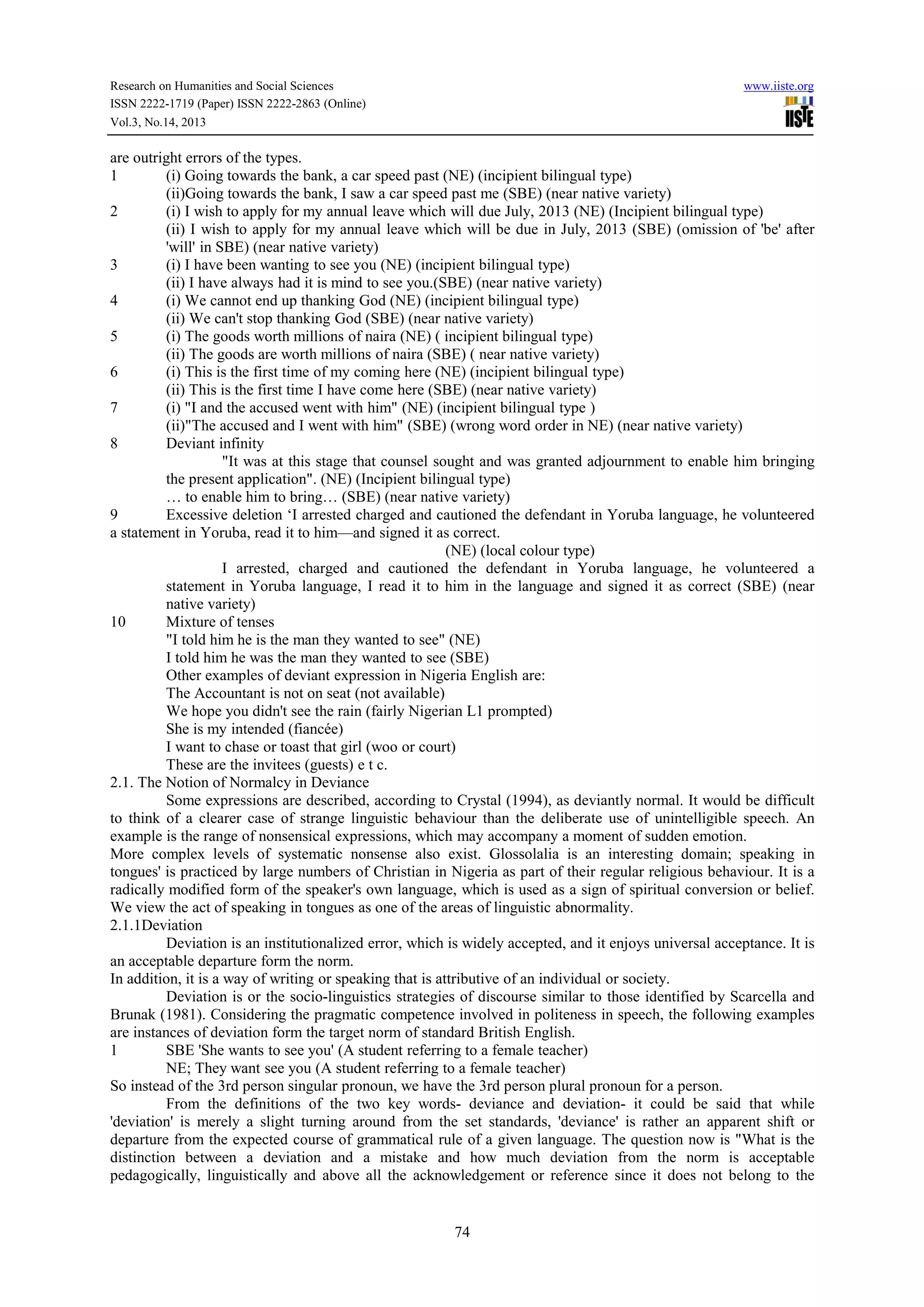 Nigerian english syntax and usage between deviance and deviation | PDF