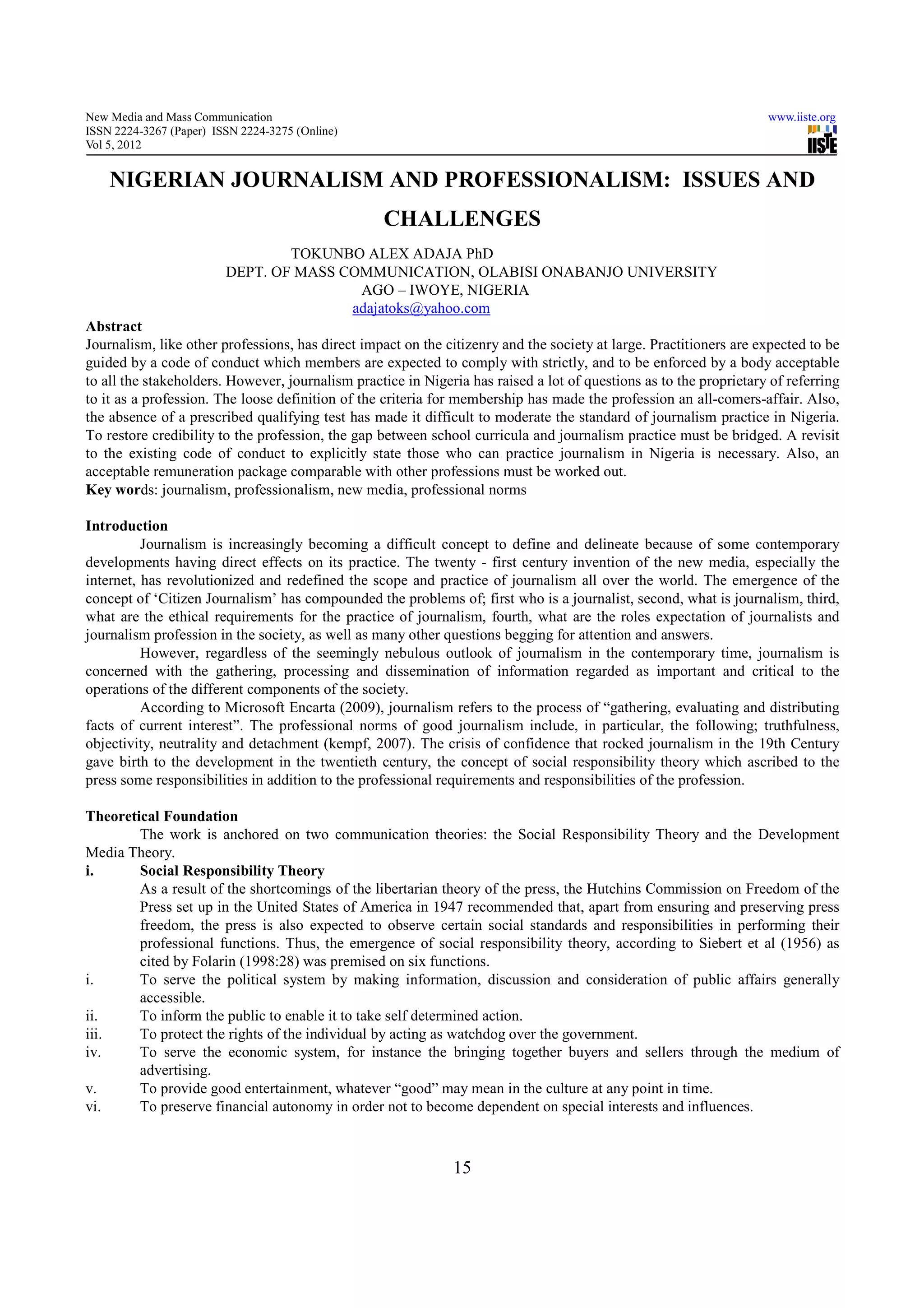 Nigerian journalism and professionalism | PDF
