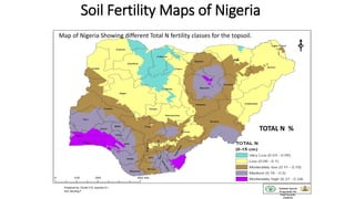 Soil Fertility Maps of Nigeria
TOTAL N %
Map of Nigeria Showing different Total N fertility classes for the topsoil.
National Special
Programme for
Food Security
(NSPFS)
Prepared by: Chude V O, Jayeoba O J
and Berding F
 