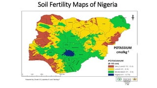 Soil Fertility Maps of Nigeria
POTASSIUM
cmolkg-1
National Special
Programme for
Food Security
(NSPFS)
© 2005
Prepared by: Chude V O, Jayeoba O J and Berding F
 