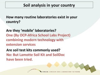 Soil analysis in your country
How many routine laboratories exist in your
country?
Are they ‘mobile’ laboratories?
One (By OCP-Africa School Labs Project)
combining modern technology with
extension services
Are soil test kits commonly used?
No: But Lamotte Soil Kit and SoilDoc
have been tried.
 
