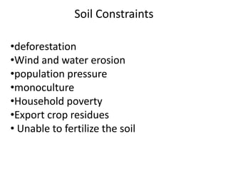 Soil Constraints
•deforestation
•Wind and water erosion
•population pressure
•monoculture
•Household poverty
•Export crop residues
• Unable to fertilize the soil
 