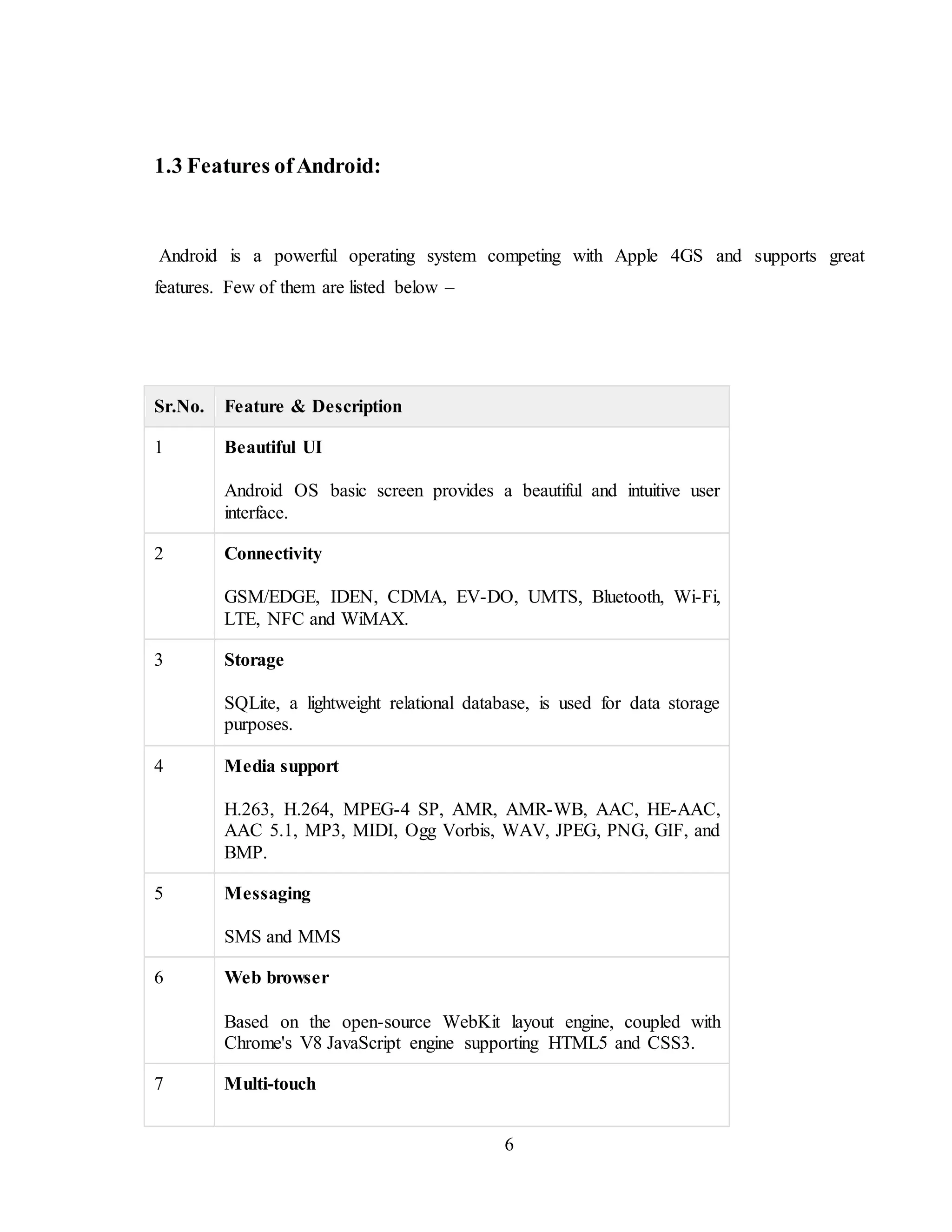 6
1.3 Features ofAndroid:
Android is a powerful operating system competing with Apple 4GS and supports great
features. Few of them are listed below –
Sr.No. Feature & Description
1 Beautiful UI
Android OS basic screen provides a beautiful and intuitive user
interface.
2 Connectivity
GSM/EDGE, IDEN, CDMA, EV-DO, UMTS, Bluetooth, Wi-Fi,
LTE, NFC and WiMAX.
3 Storage
SQLite, a lightweight relational database, is used for data storage
purposes.
4 Media support
H.263, H.264, MPEG-4 SP, AMR, AMR-WB, AAC, HE-AAC,
AAC 5.1, MP3, MIDI, Ogg Vorbis, WAV, JPEG, PNG, GIF, and
BMP.
5 Messaging
SMS and MMS
6 Web browser
Based on the open-source WebKit layout engine, coupled with
Chrome's V8 JavaScript engine supporting HTML5 and CSS3.
7 Multi-touch
 