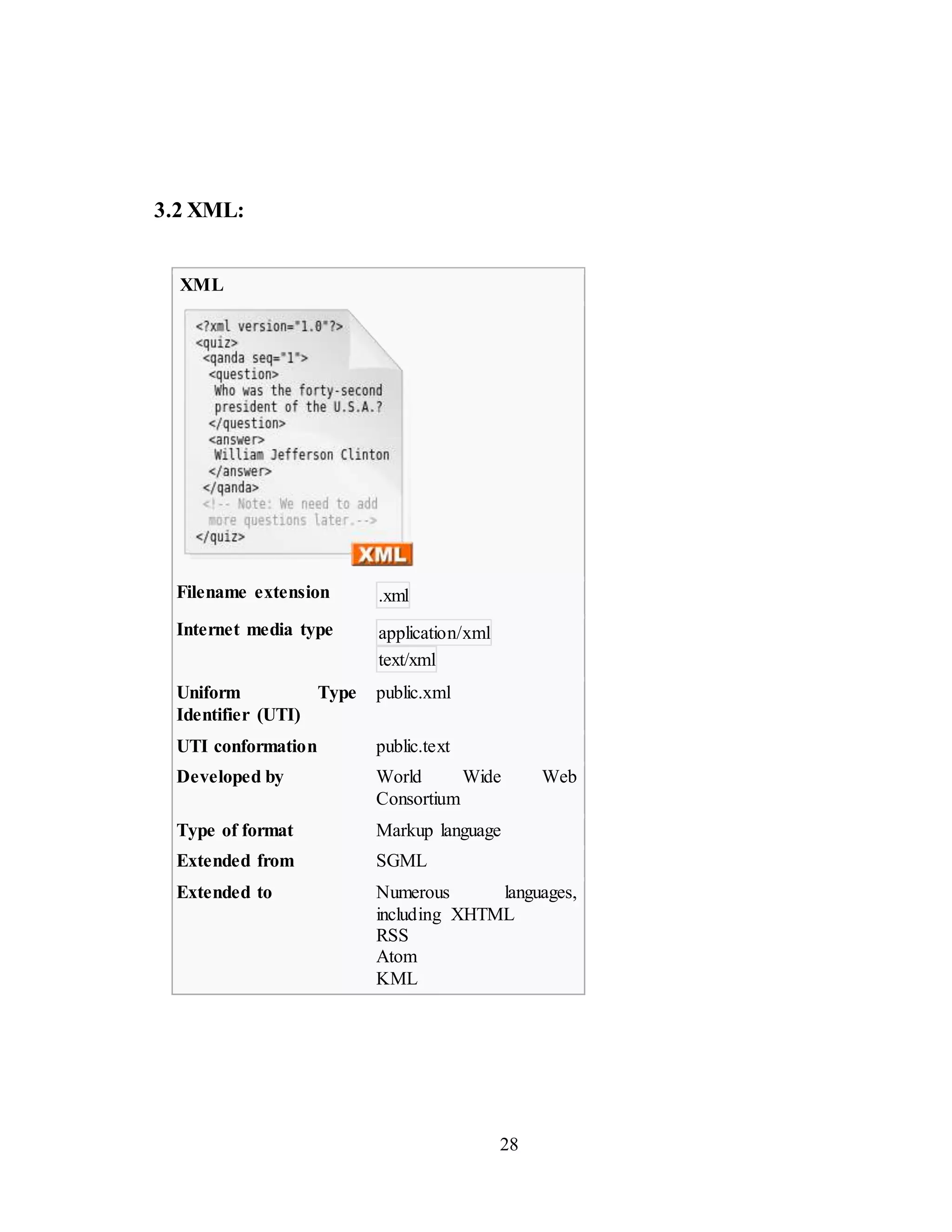 28
3.2 XML:
XML
Filename extension .xml
Internet media type application/xml
text/xml
Uniform Type
Identifier (UTI)
public.xml
UTI conformation public.text
Developed by World Wide Web
Consortium
Type of format Markup language
Extended from SGML
Extended to Numerous languages,
including XHTML
RSS
Atom
KML
 