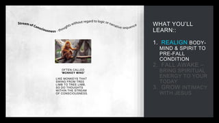 WHAT YOU’LL
LEARN::
1. REALIGN BODY-
MIND & SPIRIT TO
PRE-FALL
CONDITION
2. FALL AWAKE –
BRING SPIRITUAL
ENERGY TO YOUR
TODAY
3. GROW INTIMACY
WITH JESUS
OFTEN CALLED
“MONKEY MIND”
LIKE MONKEYS THAT
SWING FROM TREE
LIMB TO TREE LIMB,
SO DO THOUGHTS
WITHIN THE STREAM
OF CONSCIOUSNESS.
 