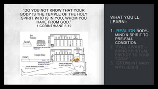 WHAT YOU’LL
LEARN::
1. REALIGN BODY-
MIND & SPIRIT TO
PRE-FALL
CONDITION
2. FALL AWAKE –
BRING SPIRITUAL
ENERGY TO YOUR
TODAY
3. GROW INTIMACY
WITH JESUS
“DO YOU NOT KNOW THAT YOUR
BODY IS THE TEMPLE OF THE HOLY
SPIRIT WHO IS IN YOU, WHOM YOU
HAVE FROM GOD.”
1 CORINTHIANS 6:19
 