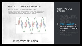 WHAT YOU’LL
LEARN::
1. REALIGN BODY-
MIND & SPIRIT TO
PRE-FALL
CONDITION
2. FALL AWAKE –
BRING SPIRITUAL
ENERGY TO YOUR
TODAY
3. GROW INTIMACY
WITH JESUS
BE STILL … DON’T ACCELERATE!
PRE-FALL DESIGN – TO LIVE IN A RELAXED STATE
ANCIENT ISRAEL DID NOT PRONOUNCE GOD’S NAME, THEY ‘BREATHED” IT.
JEWISH TRADITION SAYS ALL PEOPLE HAVE HIS NAME IN THEIR BREATH …
“YAH”-INHALE (ACCELERATOR) “WEH”-EXHALE (BRAKES)
ENERGY PROPULSION
 