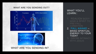 WHAT YOU’LL
LEARN::
1. REALIGN BODY-
MIND & SPIRIT TO
PRE-FALL
CONDITION
2. FALL AWAKE –
BRING SPIRITUAL
ENERGY TO YOUR
TODAY
3. GROW INTIMACY
WITH JESUS
WHAT ARE YOU SENDING OUT?
WHAT ARE YOU SENDING IN?
 