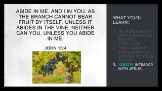 WHAT YOU’LL
LEARN::
1. REALIGN BODY-
MIND & SPIRIT TO
PRE-FALL
CONDITION
2. FALL AWAKE –
BRING SPIRITUAL
ENERGY TO YOUR
TODAY
3. GROW INTIMACY
WITH JESUS
ABIDE IN ME, AND I IN YOU. AS
THE BRANCH CANNOT BEAR
FRUIT BY ITSELF, UNLESS IT
ABIDES IN THE VINE, NEITHER
CAN YOU, UNLESS YOU ABIDE
IN ME.
JOHN 15:4
 