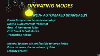 OPERATING MODES
NON- AUTOMATED (MANUALLY)
Forms & reports to be made everyday:
Daily & Supplemental Transcript
Guest & Non-guest folios
Cash Sheet & Cash Books
Transaction Report
Manual Systems are not feasible for large hotels
Prone to errors due to volume of data
Lengthy process
 