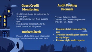 Guest Credit
Monitoring
• Credit Limit should be maintained for
all the guests.
• Credit Limit may vary from guest to
guest.
• High Balance Report reflects the
credit limit of all the guests.
Audit Posting
Formula
Previous Balance+ Debits-
Credits= Net Outstanding Balance
(PB+ DR- CR= NOB)
Bucket Check
• Process of checking room information
• Verify information on RC with PMS
• Calculate total revenue of the
day
• Transfer unpaid guest account
to city ledger
• Prepare night audit reports
 