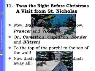 . Twas the Night Before Christmas A Visit from St. Nicholas N ow,  Dasher!  now,  Dancer!  now,  Prancer  and  Vixen! On,  Comet!  on,  Cupid!  on,  Donder    and  Blitzen! To the top of the porch! to the top of the wall! Now dash away! dash away! dash away all!" 