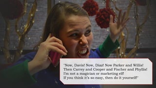 "Now, Davis! Now, Diaz! Now Parker and Willis!
Then Carrey and Cooper and Fischer and Phyllis!
I’m not a magician or marketing elf!
If you think it’s so easy, then do it yourself!"
 