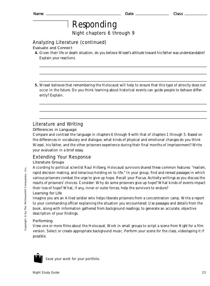 Active Reading Night Chapters 6 Through 9 Chart Answers