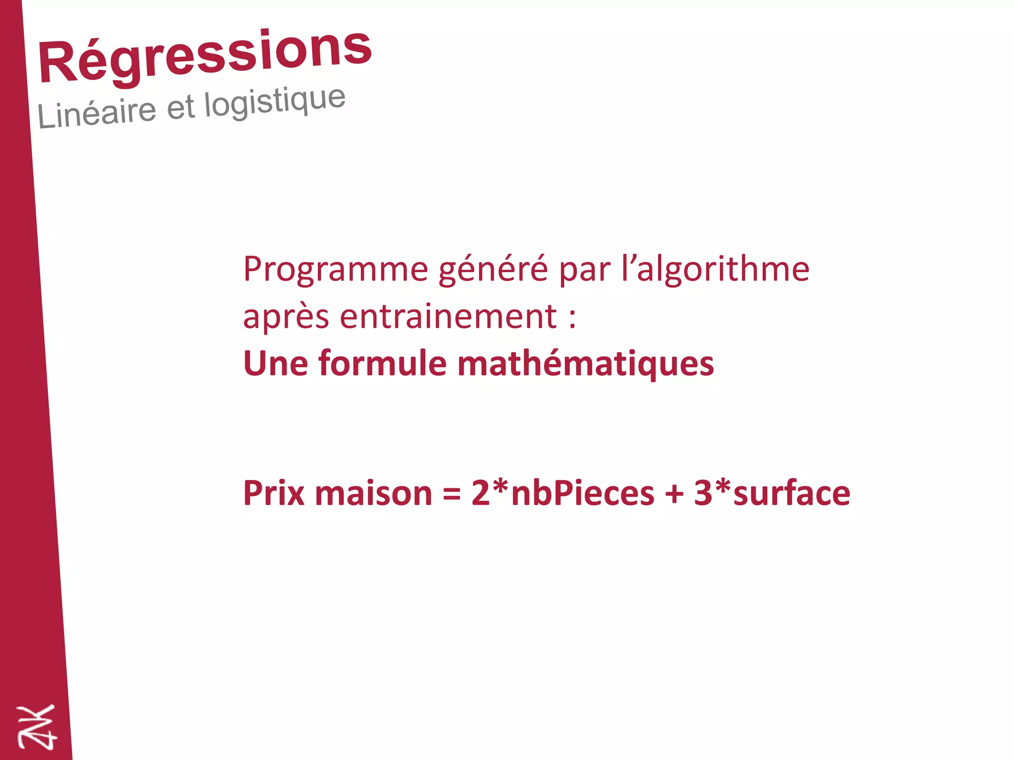 Programme généré par l’algorithme
après entrainement :
Une formule mathématiques
Prix maison = 2*nbPieces + 3*surface
 