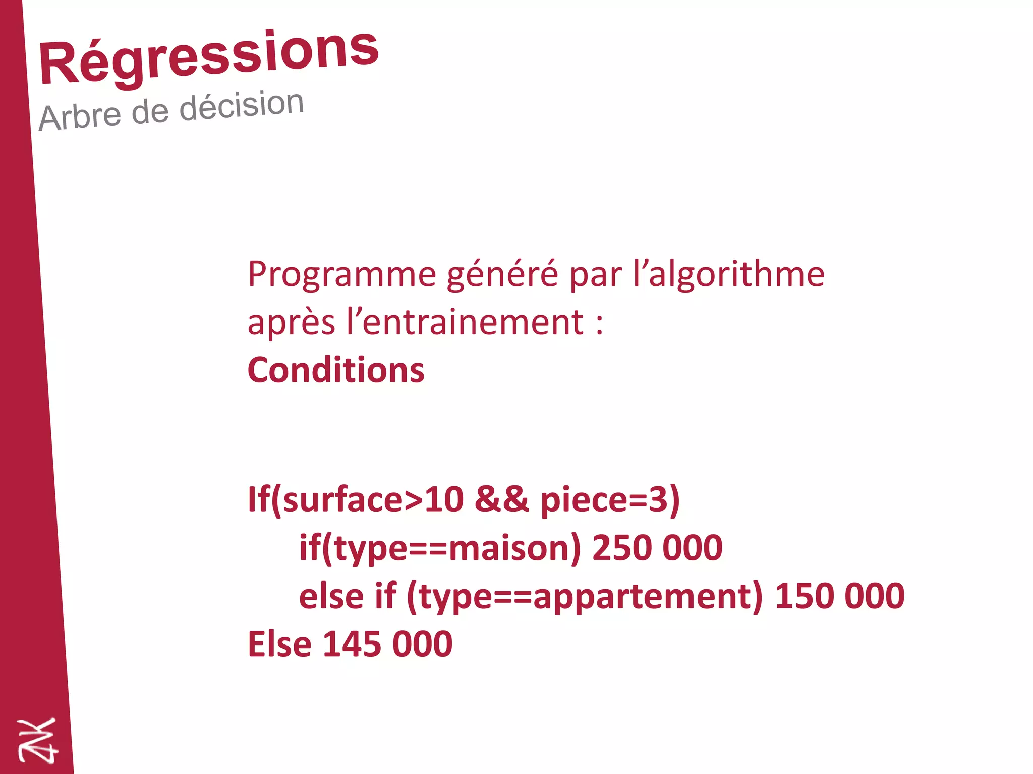 Programme généré par l’algorithme
après l’entrainement :
Conditions
If(surface>10 && piece=3)
if(type==maison) 250 000
else if (type==appartement) 150 000
Else 145 000
 