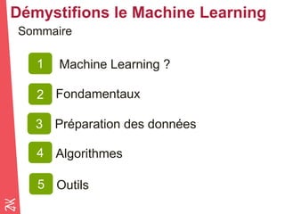 Démystifions le Machine Learning
Sommaire
Machine Learning ?1
2
4
Fondamentaux
Algorithmes
3 Préparation des données
5 Outils
 