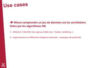  Mieux comprendre un jeu de données via les corrélations
faites par les algorithmes ML
1 – Détecter / identifier des signaux faibles (ex : fraude, marketing…)
2 – Segmentation en différente catégories (exemple : campagne de publicité)
 