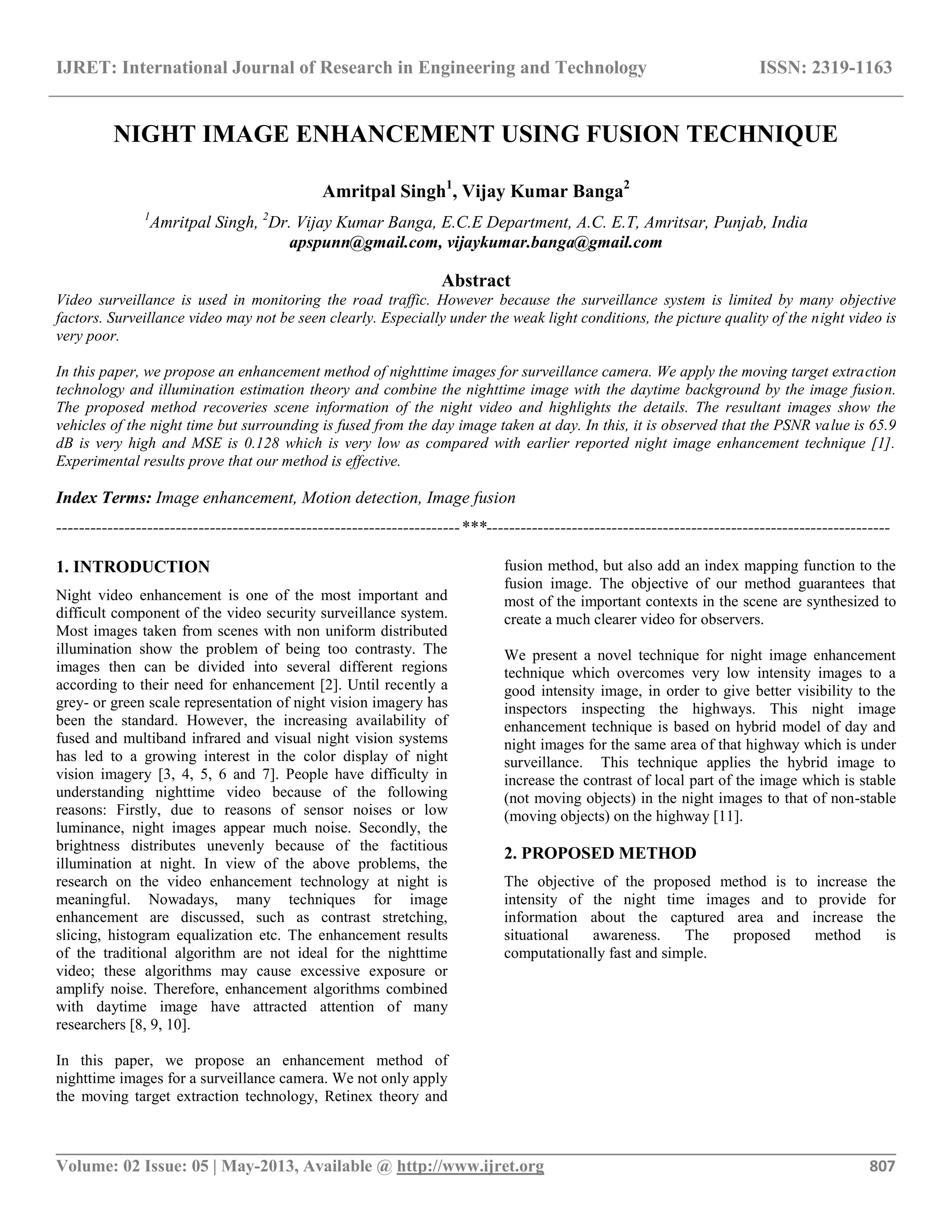 Night image enhancement using fusion technique | PDF