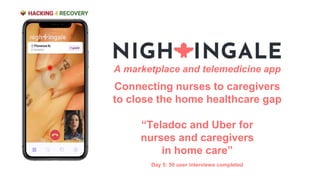 A marketplace and telemedicine app
Connecting nurses to caregivers
to close the home healthcare gap
“Teladoc and Uber for
nurses and caregivers
in home care”
Day 5: 50 user interviews completed
 