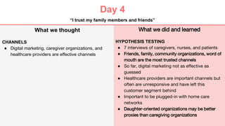 Day 4
What we did and learned
HYPOTHESIS TESTING
● 7 interviews of caregivers, nurses, and patients
● Friends, family, community organizations, word of
mouth are the most trusted channels
● So far, digital marketing not as effective as
guessed
● Healthcare providers are important channels but
often are unresponsive and have left this
customer segment behind
● Important to be plugged-in with home care
networks
● Daughter-oriented organizations may be better
proxies than caregiving organizations
What we thought
CHANNELS
● Digital marketing, caregiver organizations, and
healthcare providers are effective channels
“I trust my family members and friends”
 