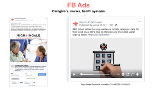 https://www.facebook.com/watch/?v=342078320290017
FB Ads
Caregivers, nurses, health systems
 
