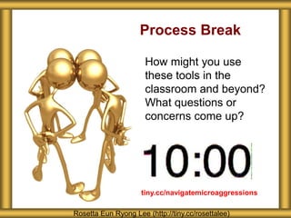 Process Break
How might you use
these tools in the
classroom and beyond?
What questions or
concerns come up?
Rosetta Eun Ryong Lee (http://tiny.cc/rosettalee)
tiny.cc/navigatemicroaggressions
 