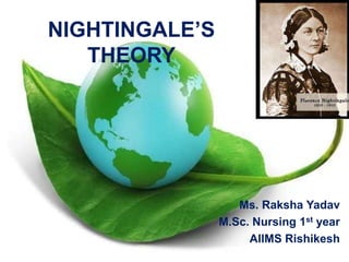 NIGHTINGALE’S
THEORY
Ms. Raksha Yadav
M.Sc. Nursing 1st year
AIIMS Rishikesh
 