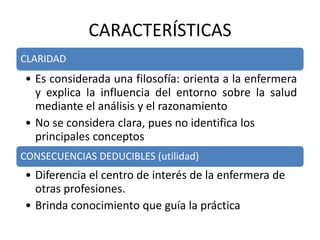 CARACTERÍSTICAS
CLARIDAD

• Es considerada una filosofía: orienta a la enfermera
y explica la influencia del entorno sobre la salud
mediante el análisis y el razonamiento
• No se considera clara, pues no identifica los
principales conceptos
CONSECUENCIAS DEDUCIBLES (utilidad)

• Diferencia el centro de interés de la enfermera de
otras profesiones.
• Brinda conocimiento que guía la práctica

 