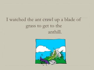 I watched the ant crawl up a blade of
grass to get to the
anthill.

 