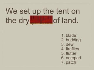 We set up the tent on
the dry patch of land.
1. blade
2. budding
3. dew
4. fireflies
5. flutter
6. notepad
7. patch

 