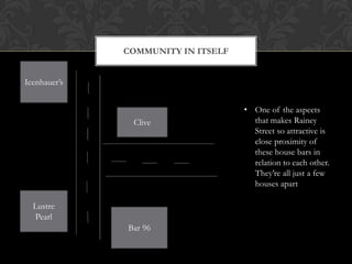 COMMUNITY IN ITSELF


Icenhauer’s


                                    • One of the aspects
               Clive                  that makes Rainey
                                      Street so attractive is
                                      close proximity of
                                      these house bars in
                                      relation to each other.
                                      They’re all just a few
                                      houses apart

  Lustre
  Pearl
              Bar 96
 
