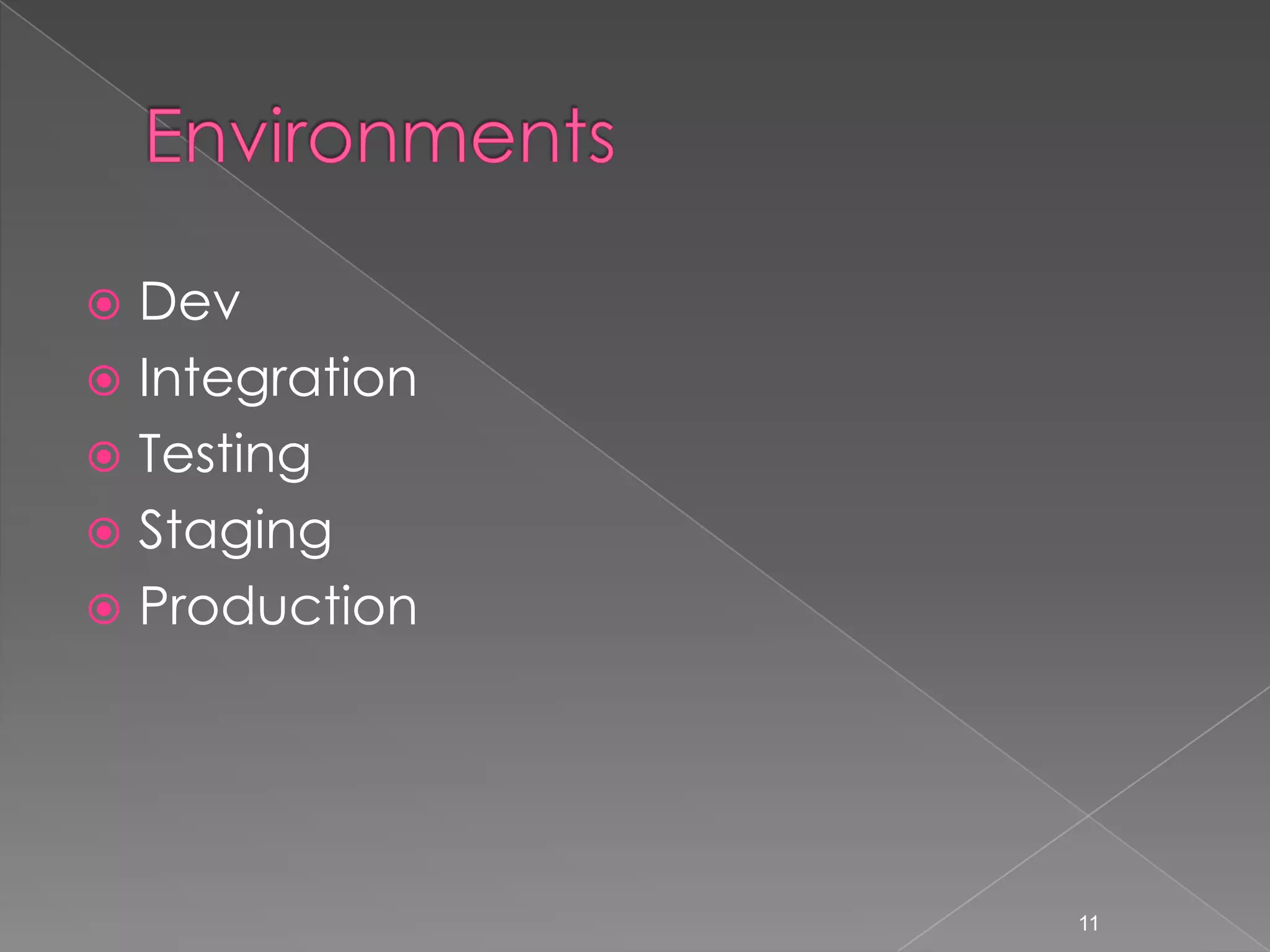 Dev
 Integration
 Testing
 Staging
 Production


11

 