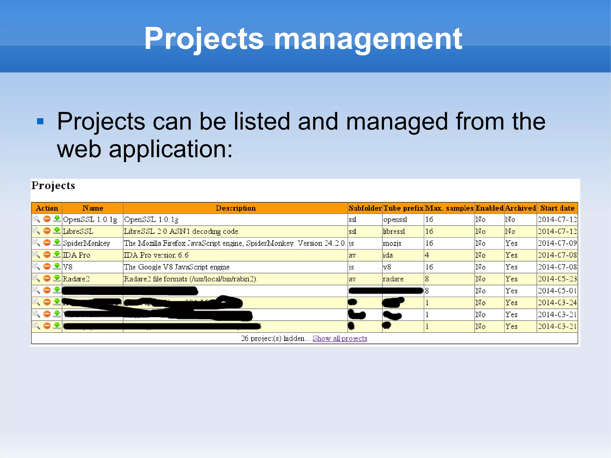 Projects management 
 Projects can be listed and managed from the 
web application: 
 
