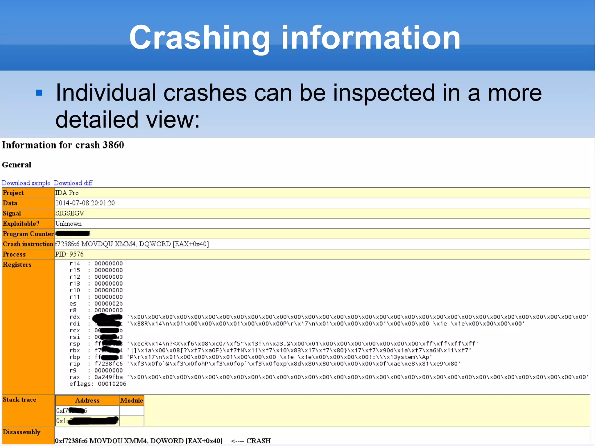Crashing information 
 Individual crashes can be inspected in a more 
detailed view: 
 