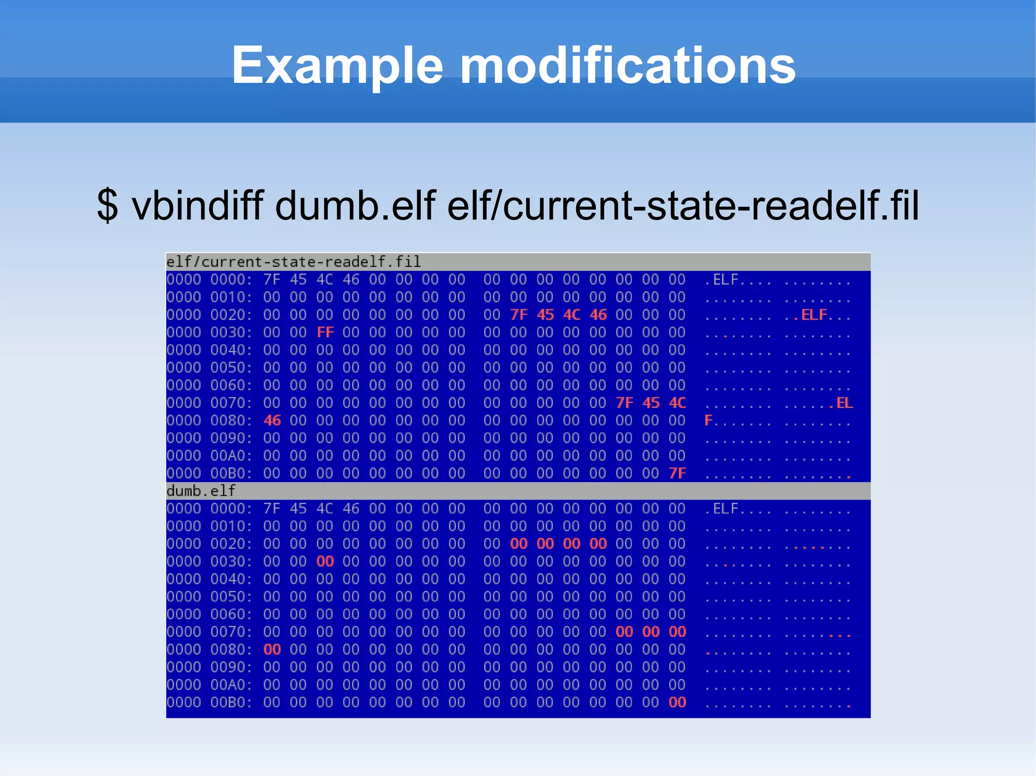 Example modifications 
$ vbindiff dumb.elf elf/current-state-readelf.fil 
 
