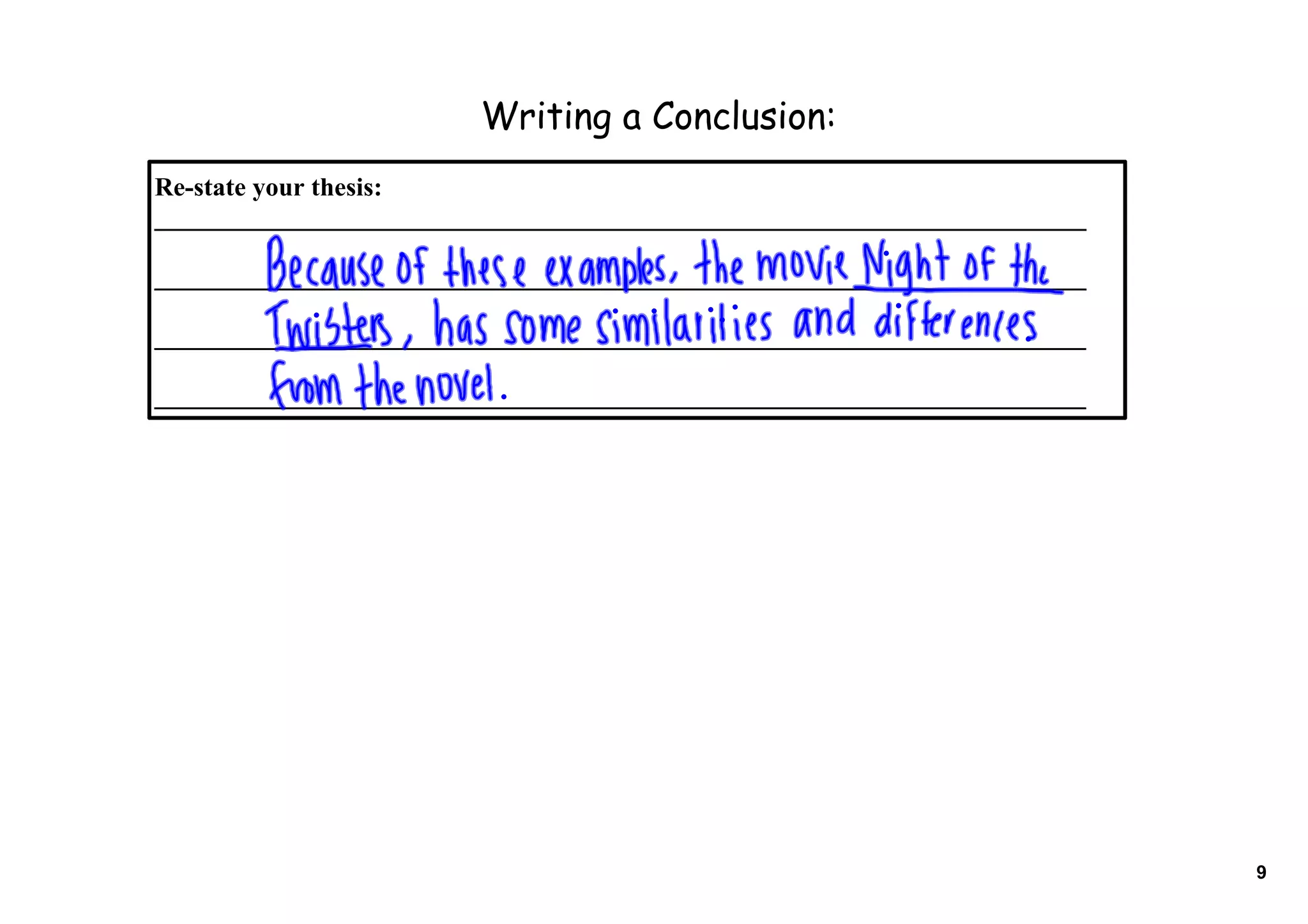 Writing a Conclusion:
Re­state your thesis: 
________________________________________________________________________

________________________________________________________________________

________________________________________________________________________

________________________________________________________________________




                                                                           9
 