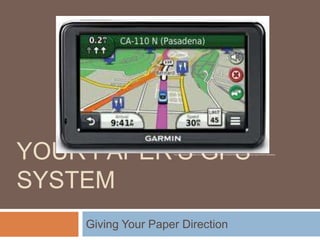 YOUR PAPER’S GPS
SYSTEM

https://encrypted-tbn2.gstatic.com/images?q=tbn:ANd9GcQASUJ7qpQSbY9tCzXGVyp8LMsQDpr4gTJkgGYG4E6ITG0phsSecg

Giving Your Paper Direction

 