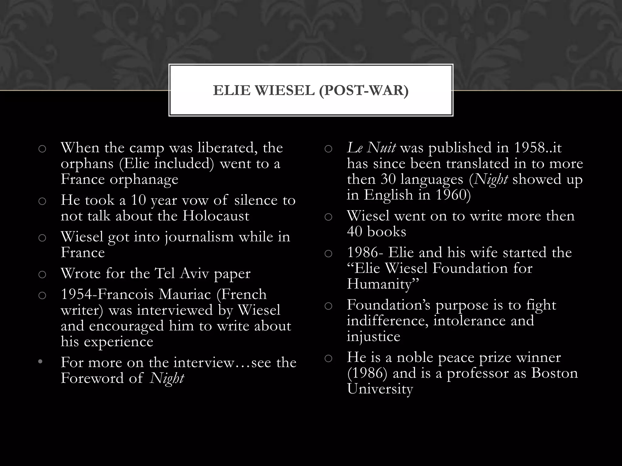 Elie Roc Post English 30-1 Night: Elie Wiesel's Apartment | PPTX