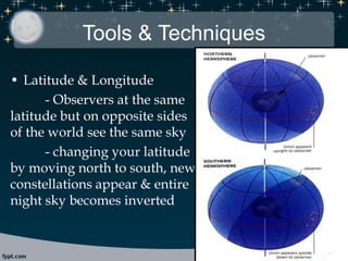 Tools & Techniques
• Latitude & Longitude
- Observers at the same
latitude but on opposite sides
of the world see the same sky
- changing your latitude
by moving north to south, new
constellations appear & entire
night sky becomes inverted
 