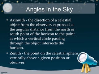 Angles in the Sky
• Azimuth - the direction of a celestial
object from the observer, expressed as
the angular distance from the north or
south point of the horizon to the point
at which a vertical circle passing
through the object intersects the
horizon.
• Zenith - the point on the celestial sphere
vertically above a given position or
observer.
 