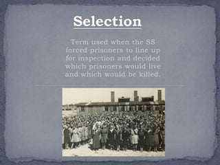 Term used when the SS 
forced prisoners to line up 
for inspection and decided 
which prisoners would live 
and which woul...