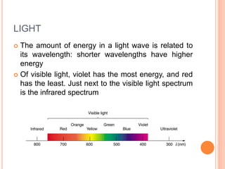 LIGHT
 The amount of energy in a light wave is related to
its wavelength: shorter wavelengths have higher
energy
 Of visible light, violet has the most energy, and red
has the least. Just next to the visible light spectrum
is the infrared spectrum
 