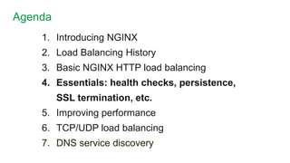 1. Introducing NGINX
2. Load Balancing History
3. Basic NGINX HTTP load balancing
4. Essentials: health checks, persistence,
SSL termination, etc.
5. Improving performance
6. TCP/UDP load balancing
7. DNS service discovery
Agenda
13
 