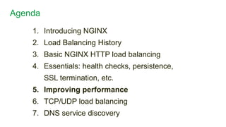 1. Introducing NGINX
2. Load Balancing History
3. Basic NGINX HTTP load balancing
4. Essentials: health checks, persistence,
SSL termination, etc.
5. Improving performance
6. TCP/UDP load balancing
7. DNS service discovery
Agenda
21
 