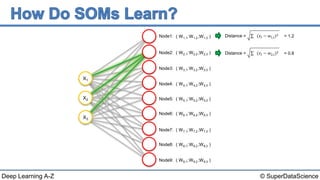 © SuperDataScienceDeep Learning A-Z
( ; ; )W1,1 W1,2 W1,3Node1:
( ; ; )W2,1 W2,2 W2,3Node2:
( ; ; )W3,1 W3,2 W3,3Node3:
( ; ; )W4,1 W4,2 W4,3Node4:
( ; ; )W5,1 W5,2 W5,3Node5:
( ; ; )W6,1 W6,2 W6,3Node6:
( ; ; )W7,1 W7,2 W7,3Node7:
( ; ; )W8,1 W8,2 W8,3Node8:
( ; ; )W9,1 W9,2 W9,3Node9:
Distance = (𝑥𝑖 − 𝑤1,𝑖)2 = 1.2
Distance = (𝑥𝑖 − 𝑤2,𝑖)2 = 0.8
X3
X2
X1
 