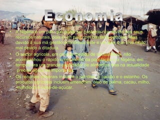 Economia A Nigéria é um pais que podia ser bastante rico devido aos seus recursos naturais, pois é um país com bastante petróleo. Mas devido á sua má gestão económica este e um pais que vive muito mal devido á ditadura. O sector agrícola, em grande medida de subsistência, não acompanhou o rápido crescimento da população e a Nigéria, em tempos era um grande exportador de alimentos mas na actualidade  precisa agora de importá-los.  Os recursos minerais incluem o petróleo, o carvão e o estanho. Os produtos agrícolas incluem amendoim, óleo de palma, cacau, milho,  mandioca e cana-de-açúcar. Economia 